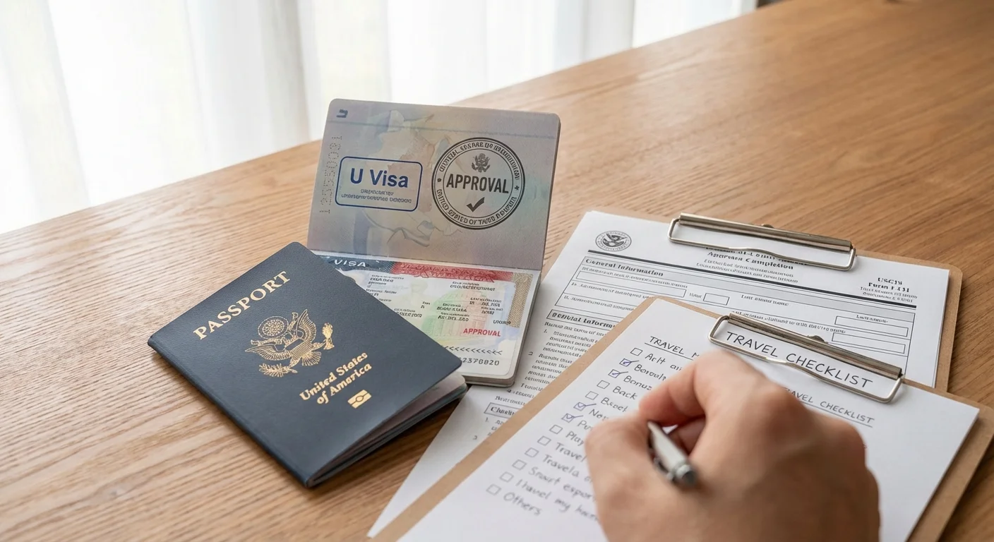 Passport with a U visa approval stamp beside signed application documents