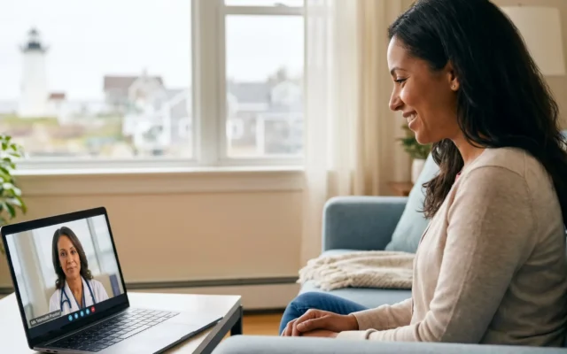Woman at home on a secure video call with a psychiatric provider for an immigration evaluation