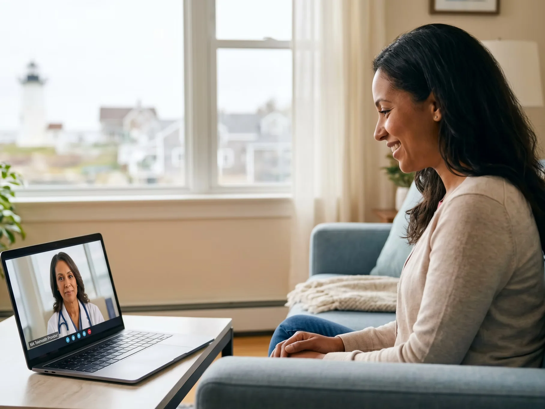 Woman at home on a secure video call with a psychiatric provider for an immigration evaluation